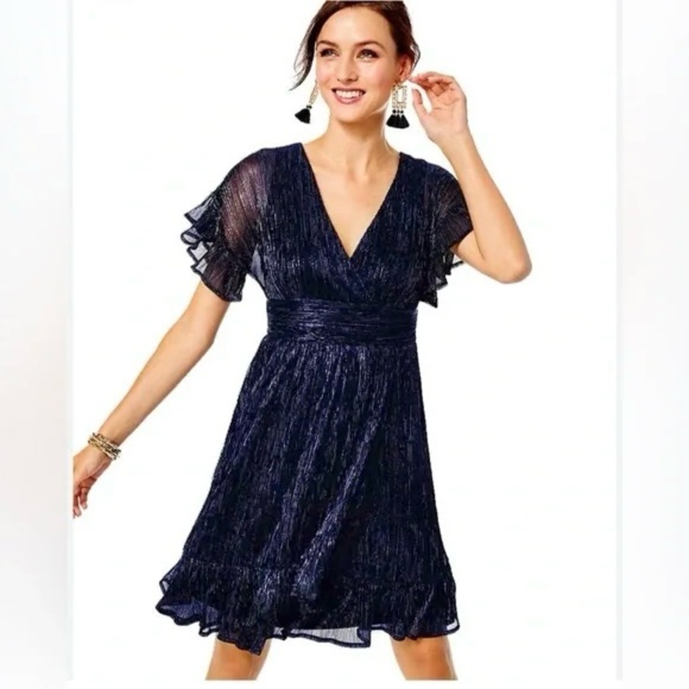 Lilly Pulitzer Sinclare Metallic Short Sleeve Ruffle in Low Tide Navy - Size S